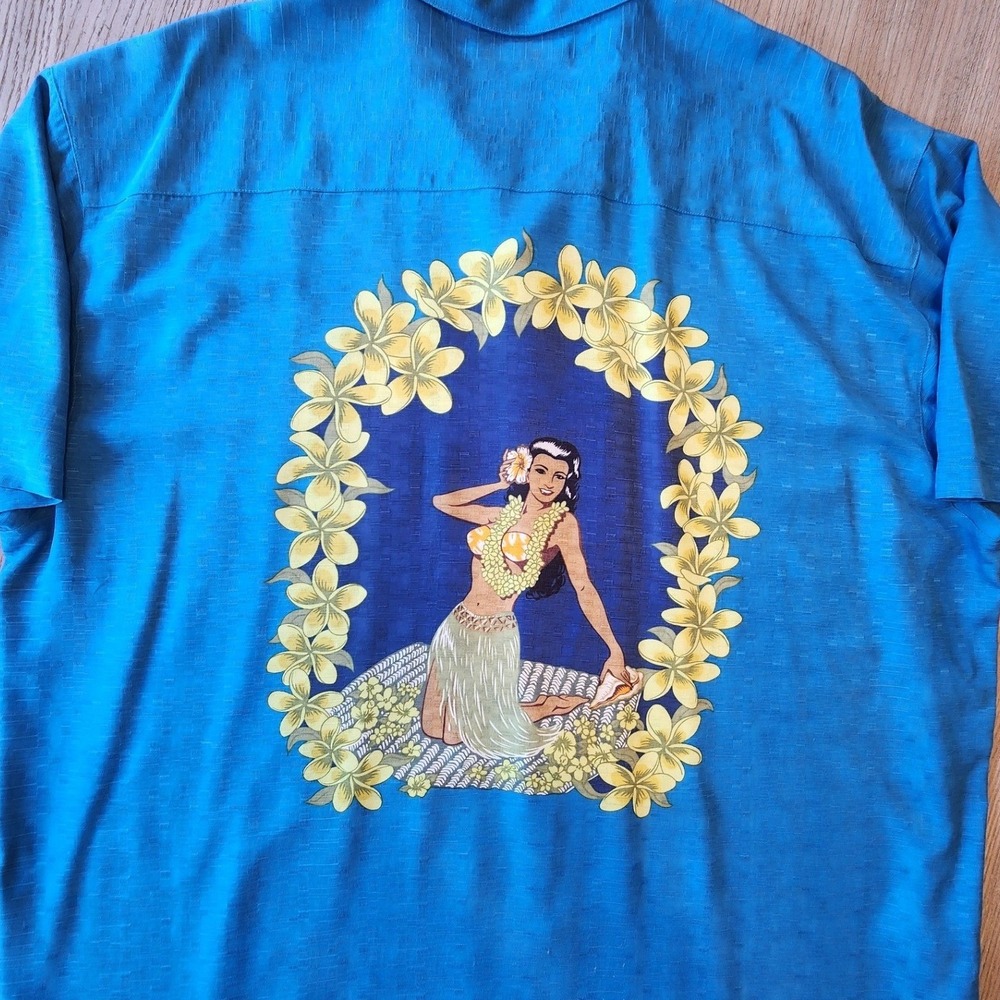 Tommy Bahama Mens XXL Blue Silk Hula Girl Plumeria Embroidered Camp Shirt Aloha